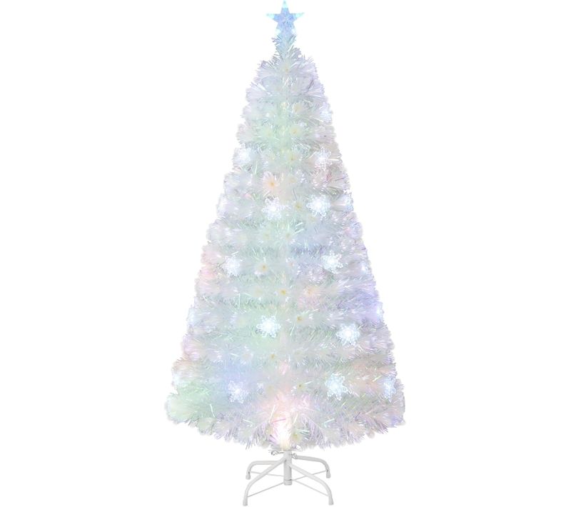 Sapin De Noël Artificiel à Fibre Optique Pré-éclairé 150 Cm, Blanc Avec Feuilles Irisées
