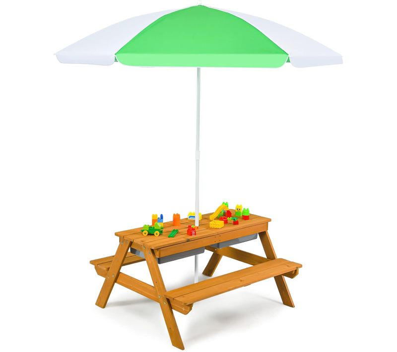 3 En 1 Table De Pique-nique Enfants Avec Parasol Amovible, Table De Jardin Avec Plateau Amovible