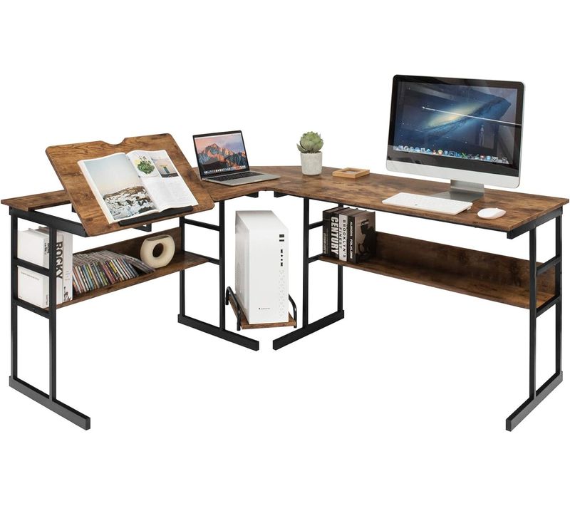 Bureau D'ordinateur D'angle 170 X 150 Cm,Table De Bureau Avec Plateau Inclinable,Marron Rustique