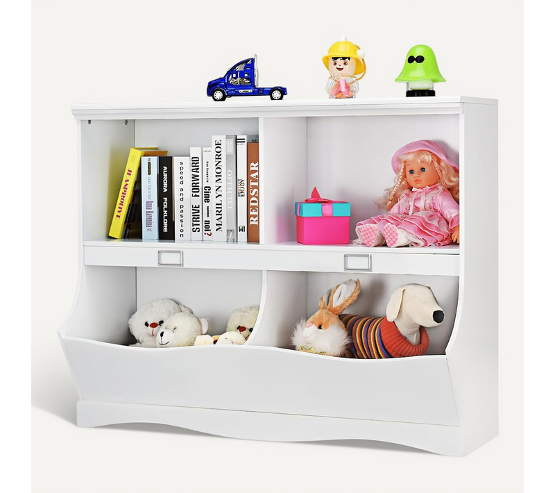 Bibliothèque Enfants Avec 4 Compartiments, Rangement Jouets Et Livres Avec Base En Forme Vague