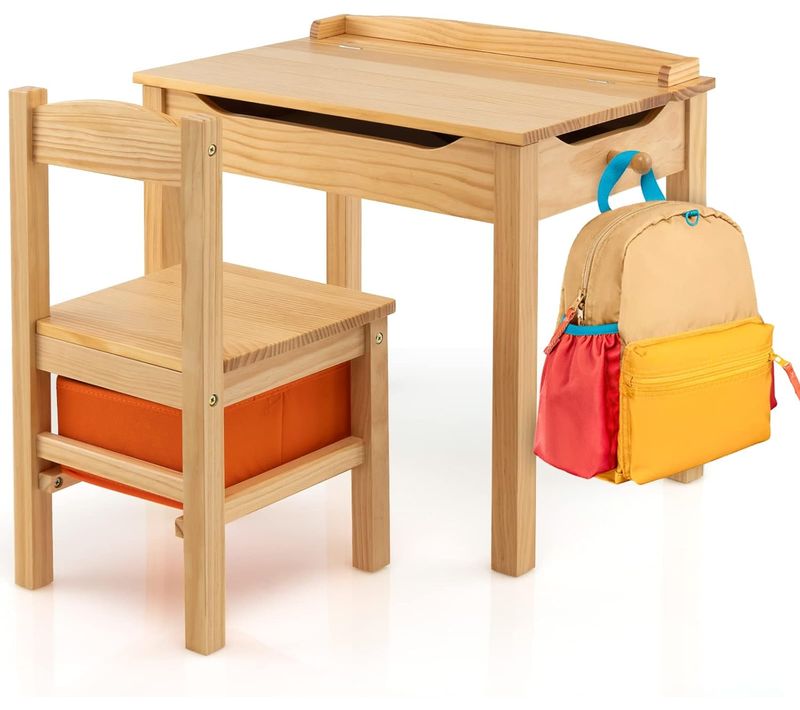 Bureau Enfants En Bois Avec Plateau Rabattable, Table Et Chaises Enfants Avec Espace De Rangement