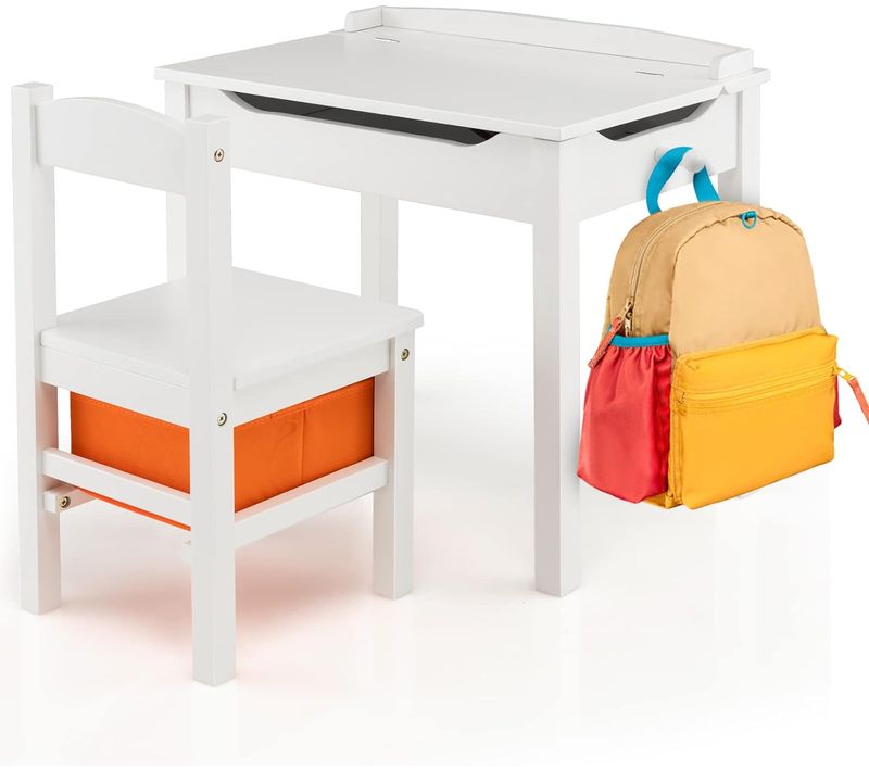 Bureau Enfants En Bois Avec Plateau Rabattable, Table Et Chaises Enfants, 59 X 40 X 55 Cm (blanc)