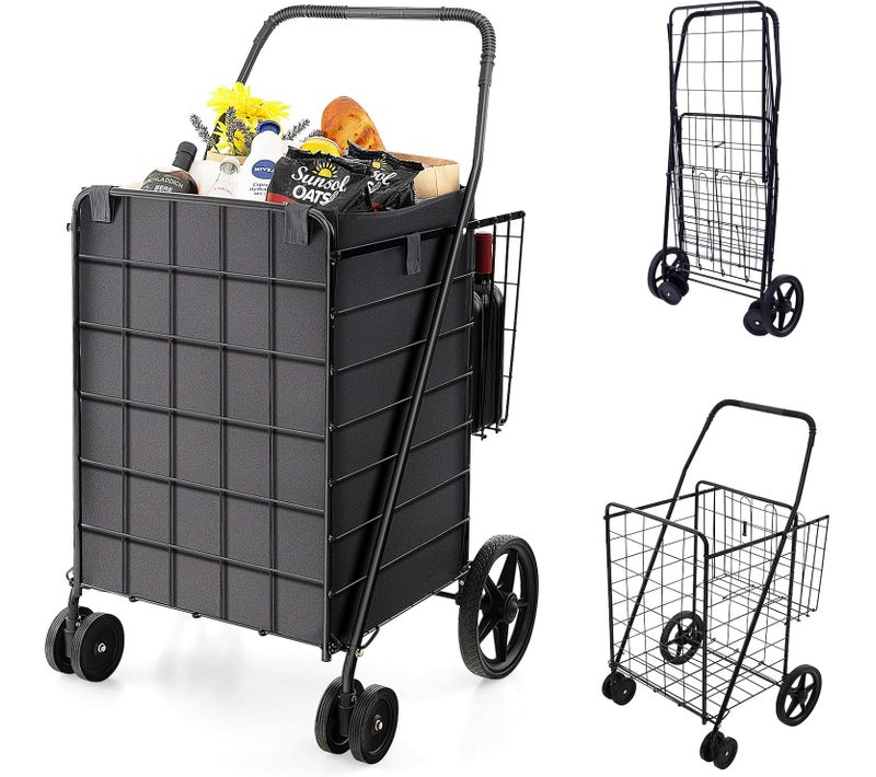 Chariot De Courses Pliable à 4 Roues, Caddie De Courses à Panier, Chariot Avec Structure Métallique