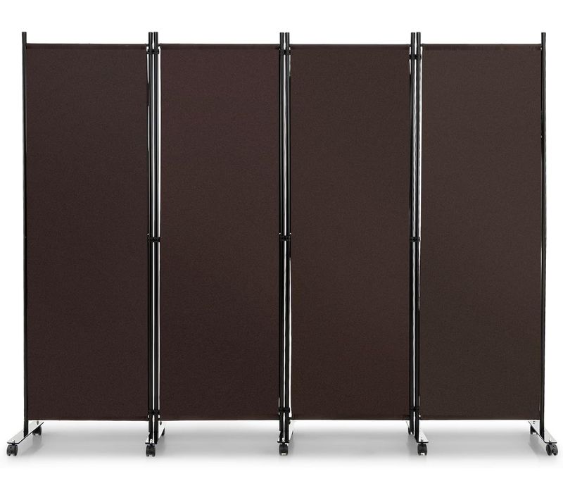225x173cm Paravent Intérieur 4 Panneaux à 10 Roulettes, Pliable, Cadre En Metal (café)