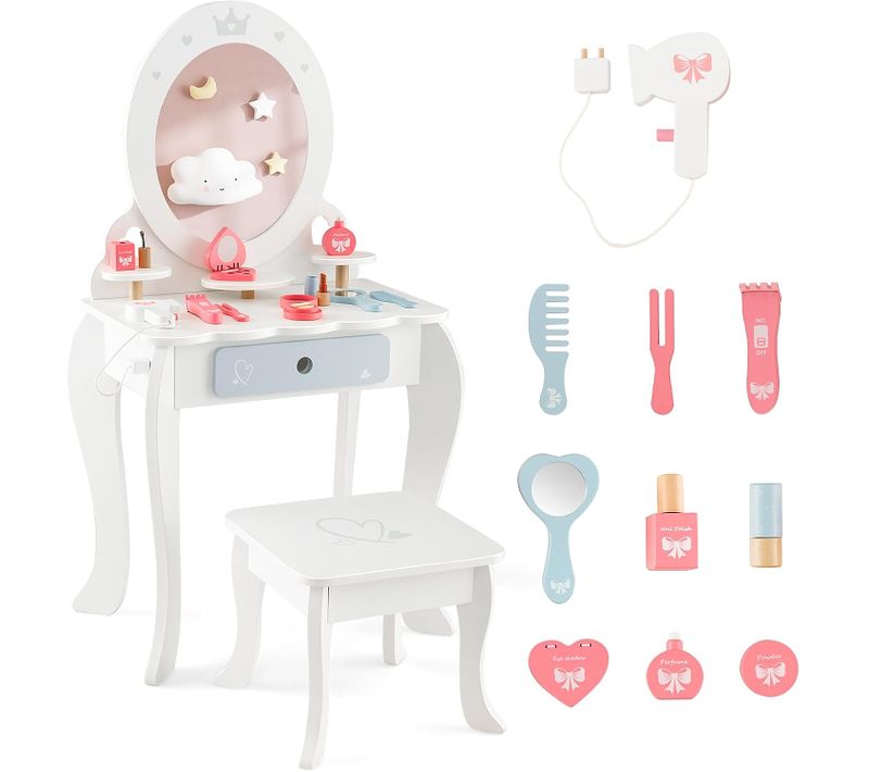 2 En 1 Coiffeuse Enfants Avec Tabouret，miroir Ovale Amovible, Table De Maquillage En Motif Couronne