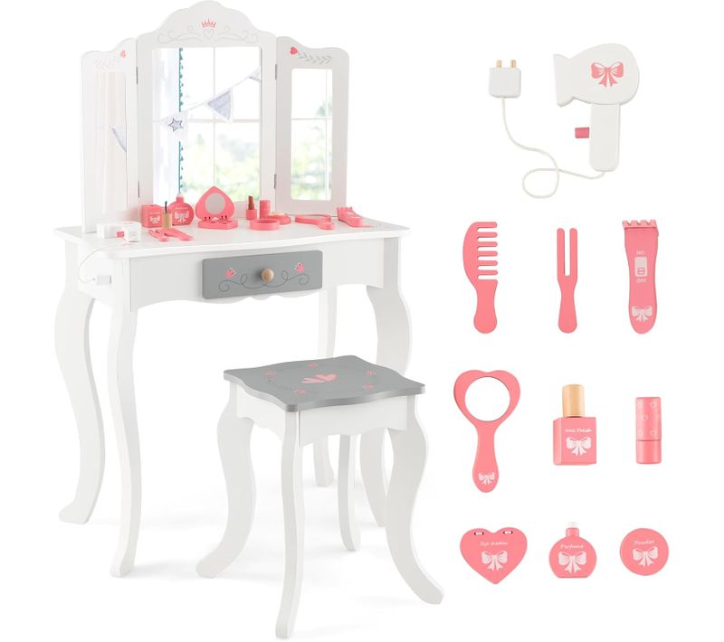2 En 1 Coiffeuse Enfants Avec Tabouret，miroir Détachable à 3 Volets,pour Enfants De 3 Ans+