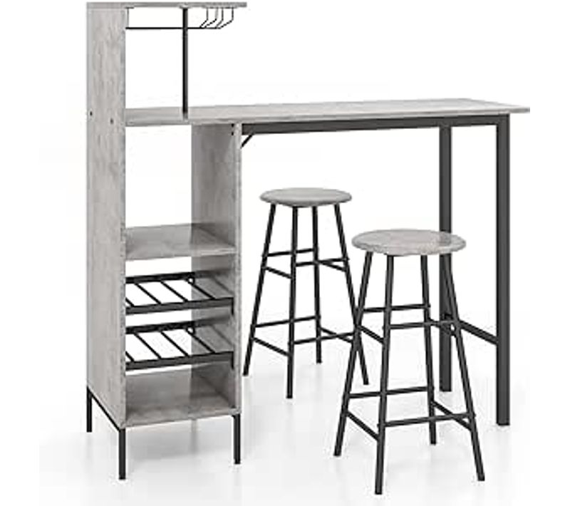 Table Haute Cuisine Avec Tabouret, Mange Debout Industriel Avec Porte-verre Porte-bouteilles,Gris