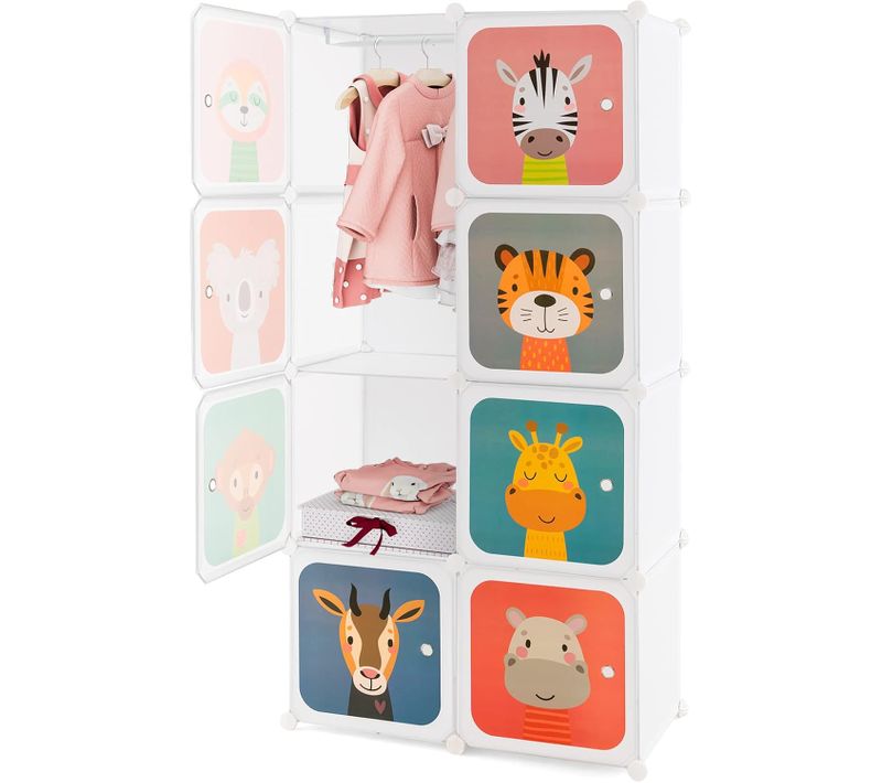 Meuble Rangement Enfants 8 Cubes， Motif D'animaux, Armoire Modulable Enfants Avec Cadre Métallique