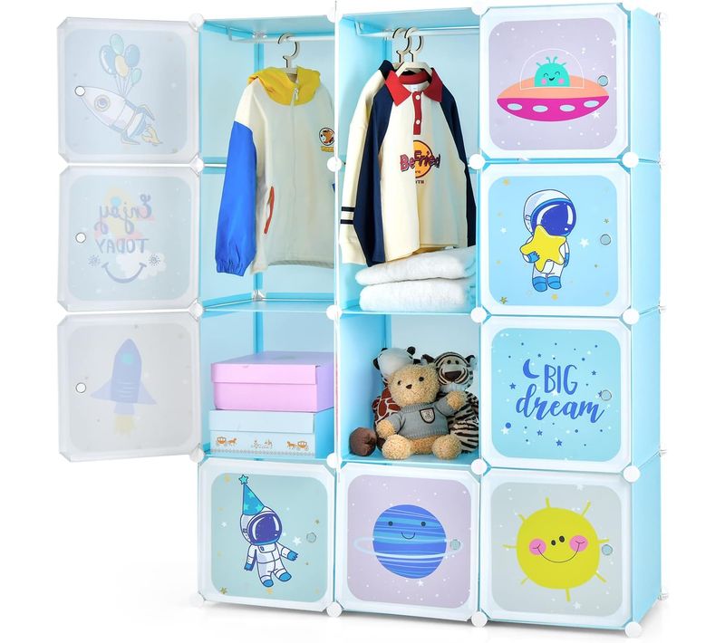 Meuble Rangement Enfants 12 Cubes，motif De Cosmique, Armoire Modulable Enfants Avec Cadre Métallique