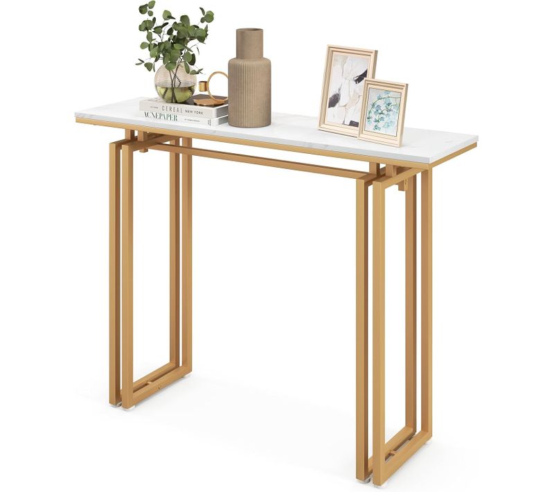 Table Console, Meuble D'entrée En Faux Marbre, Cadre En Métal, Kit Anti-basculement Inclus, (doré)