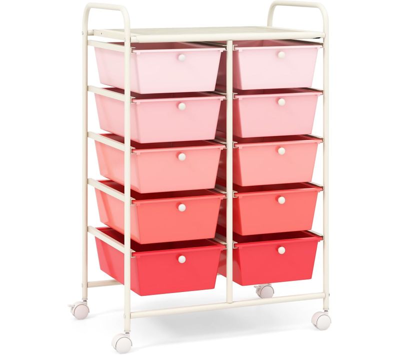 Chariot De Rangement 10 Tiroirs En Pp, Tour De Rangement, Maquillage, Cuisine, Rose+blanc