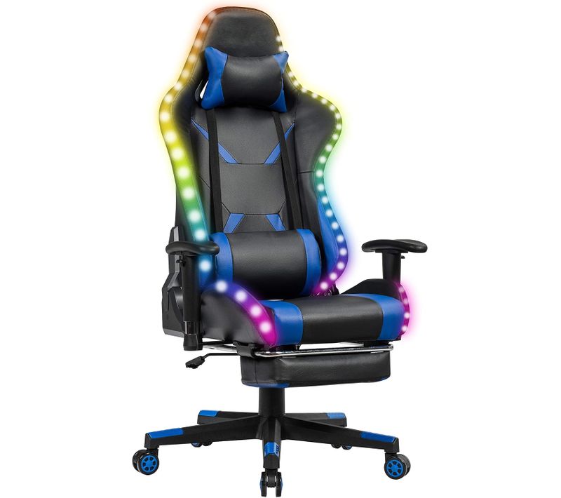 Chaise Gaming Rgb/led, Chaise Gamer Ergonomique Avec Soutien Lombaire, Appui-tête (bleu)
