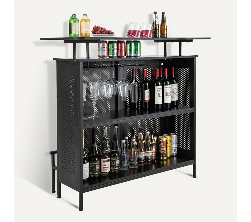 Table De Bar à Domicile à 4 Niveaux,armoire De Bar Avec 2 Étagères Pour Vin Et 6 Supports De Verres