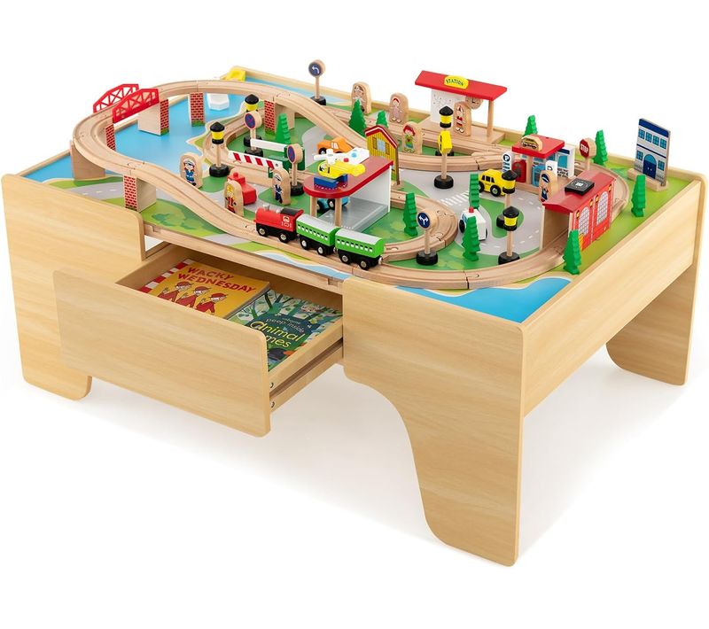 Table Circuit De Train En Bois Avec Plateau Réversible, Avec Tiroir, Coins Arrondis