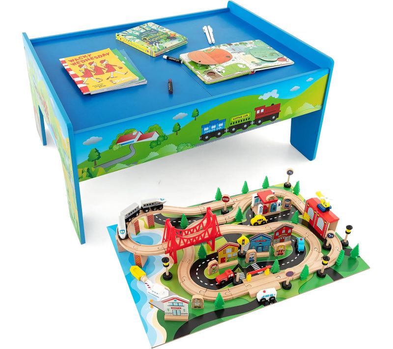 2 En 1 80pcs Table Circuit De Train En Bois Avec Plateau Réversible, 82,5x60x40cm