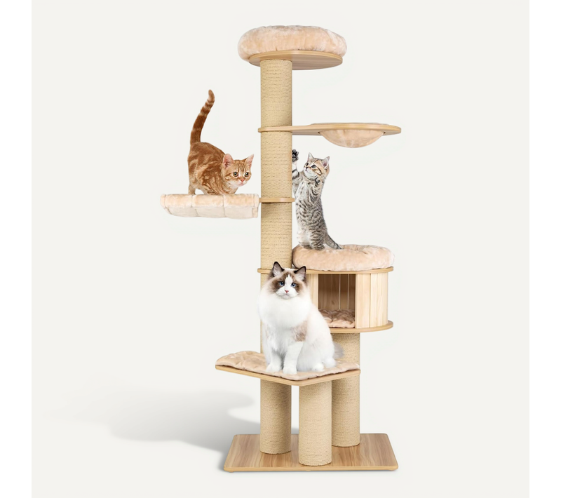 Grand Arbre à Chat Moderne,tour à Chat Avec Poteaux En Sisal, Charge 15kg Pour Chaque Couche, Beige