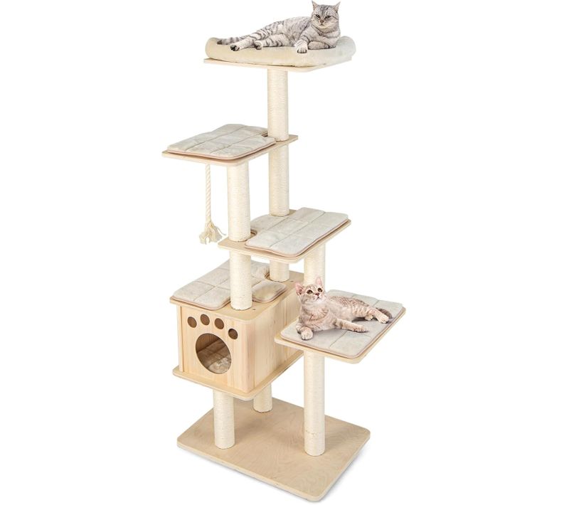 Arbre à Chat En Bois Massif De 170 Cm, Charge 15kg Pour Chaque Couche, Beige