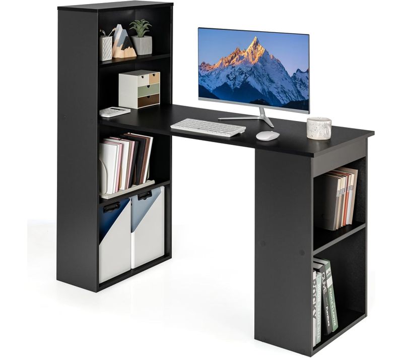 Bureau Droit Réversible Avec Bibliothèque, Assemblage Facile, Pour Maison, Bureaux (noir)