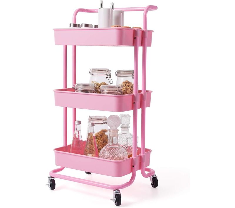 Chariot De Rangement Avec 3 Paniers Et Poignée,  Bureau,bibliothèque, Salon, 42 X 35 X 87 Cm (rose)
