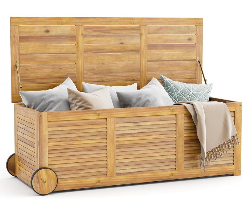 Coffre De Rangement En Bois D'acacia 182l , Pour Terrasse Jardin Patio 127 X 50 X 45 Cm, Naturel