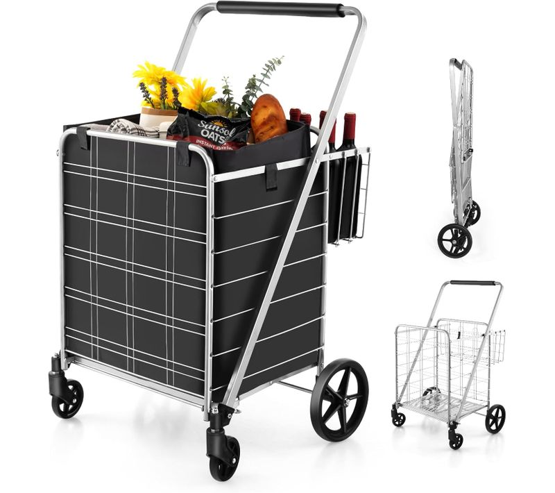 Chariot De Courses Pliable à 4 Roues, Caddie De Courses à Double Panier, Charge 150kg (argent)