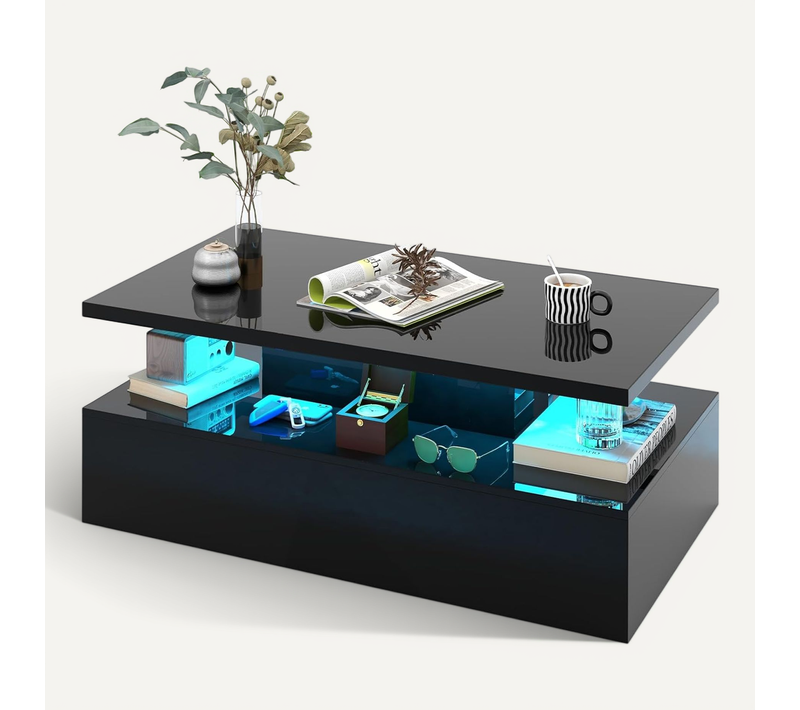 Table Basse LED 20 Lumières Réglables à 2 Niveau Avec Télécommande, 110 X 60 X 40 Cm, Noir