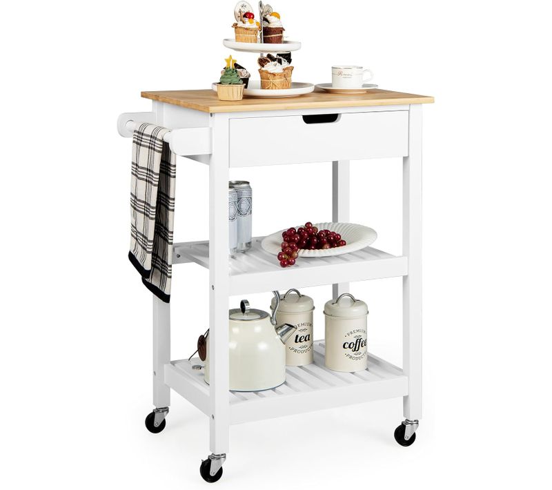 Desserte à Roulettes En Bambou, Chariot De Cuisine Avec Tiroir Coulissant,salle à Manger,blanc