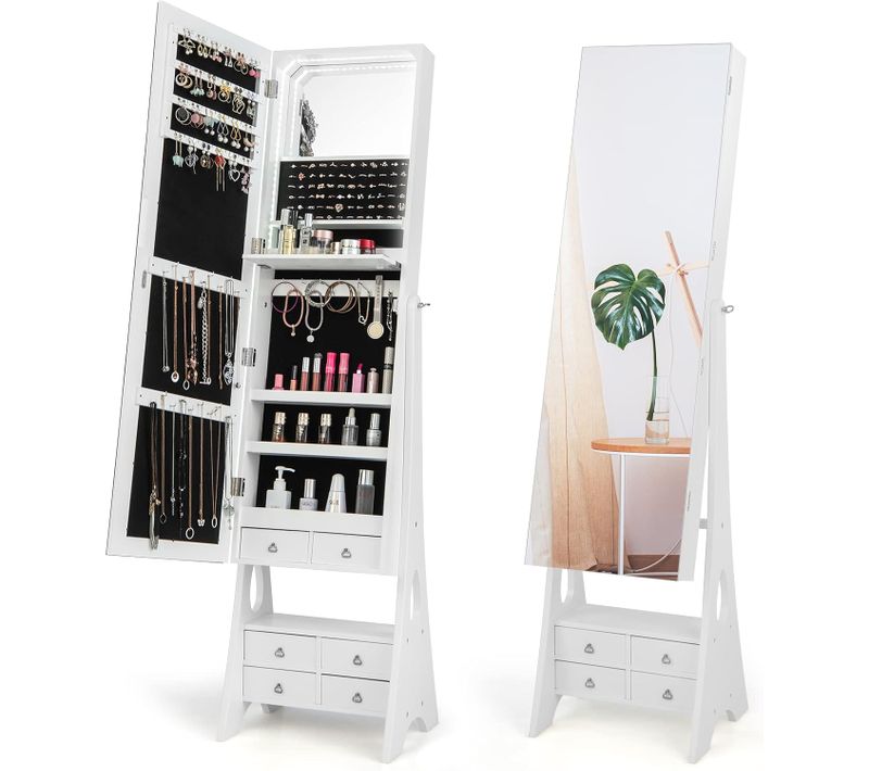 Armoire à Bijoux Avec Miroir Pleine Longueur,angles D'inclinaison Réglables, Blanc