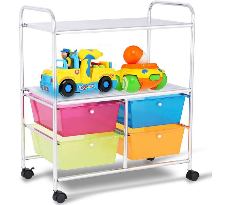 Chariot De Rangement à Roulettes Avec 4 Tiroirs Plastiques,salon,Cuisine,Salle De Bain,Rose+Vert