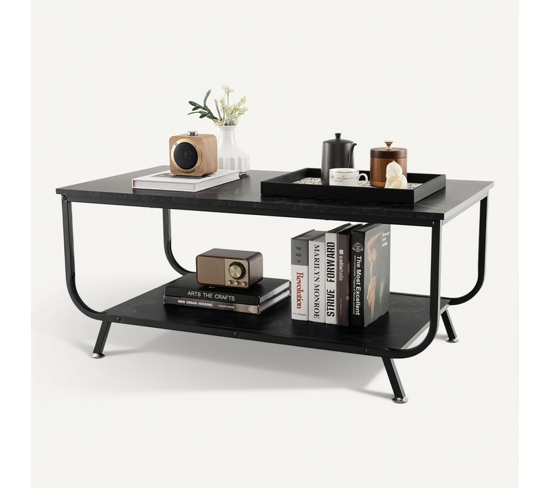 Table Basse Salon Double Plateau Effet Marbre,cadre En Métal, 105 X 55 X 46,5 Cm (noir)