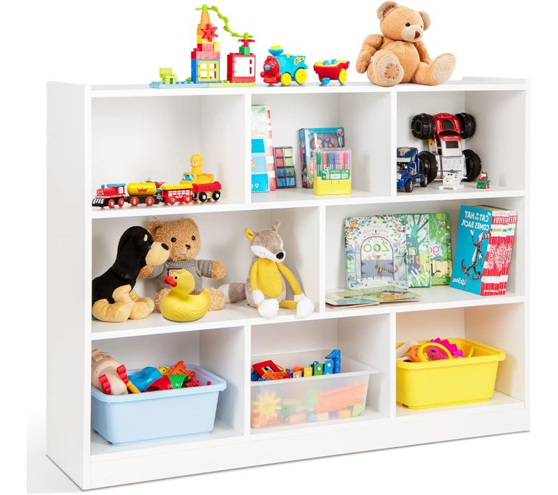 Bibliothèque Enfants à 3 Niveaux Avec 8 Cases, Salon, Charge 60kg, 122 X 32 X 93 Cm (blanc)