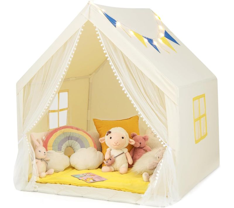 Tente De Jeu Enfants Avec Lumières D'étoiles Et Drapeau,structure Stable, 122 X 105 X 125 Cm (beige)
