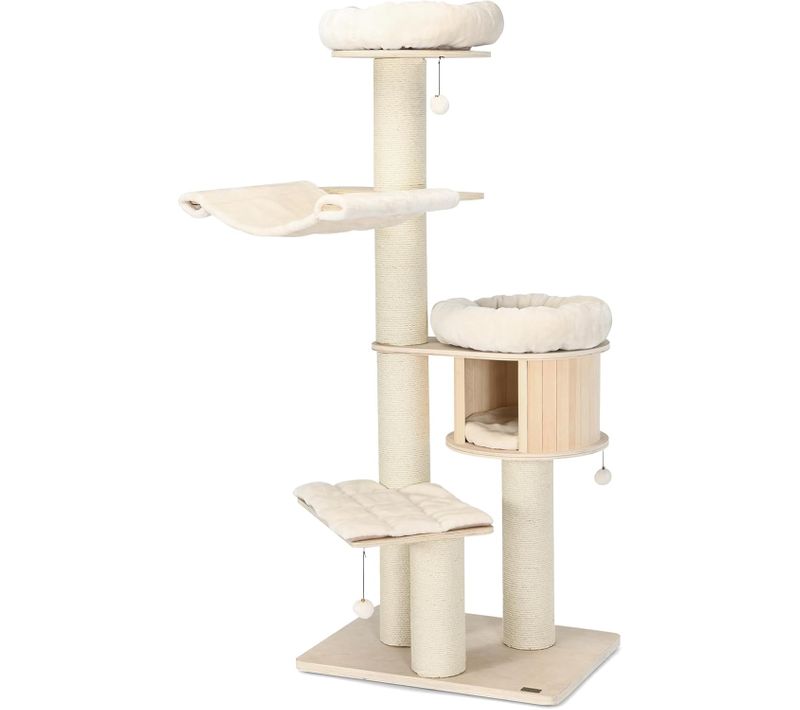 Grand Arbre à Chat En Bois Massifcharge 15kg Pour Chaque Couche, Beige (174cm)