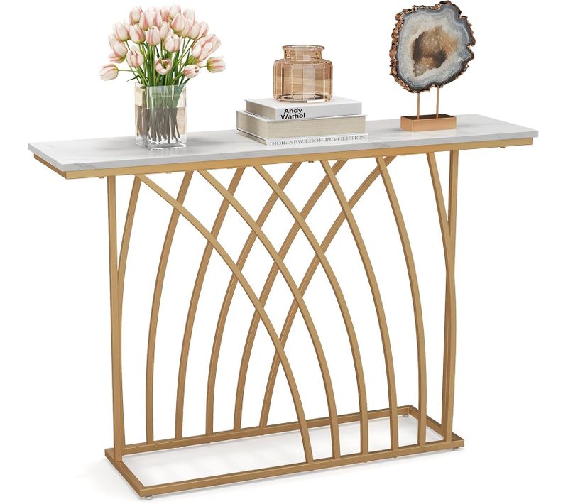 Table Console, Meuble D'entrée En Faux Marbre, Design Géométrique Moderne, 120 X 30 X 80 Cm