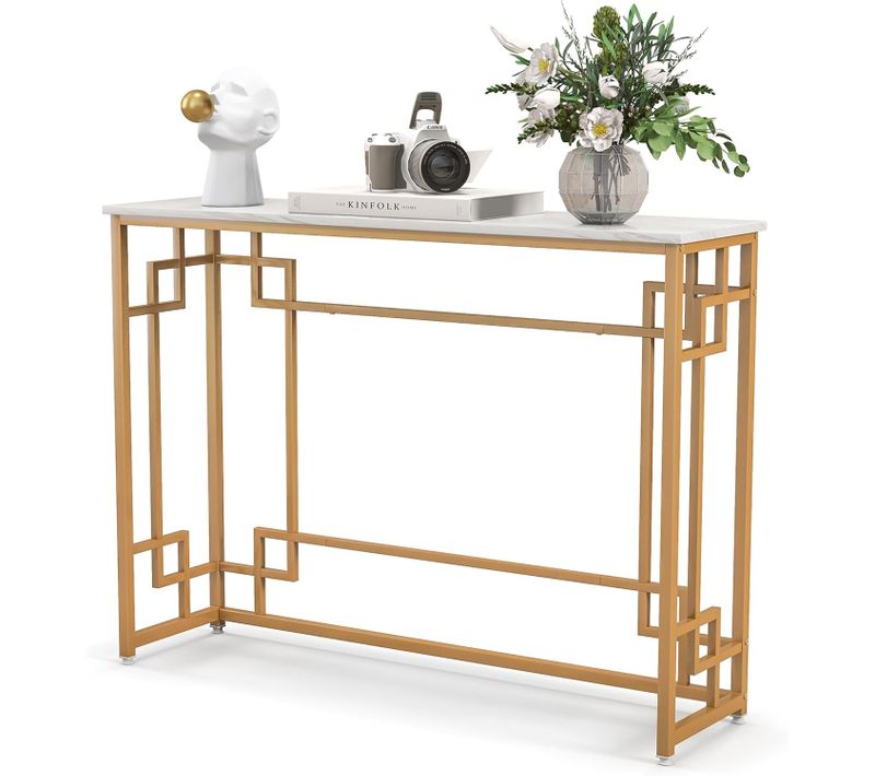 Table Console, Meuble D'entrée En Faux Marbre, Cadre En Métal Doré, 110 X 30 X 81 Cm