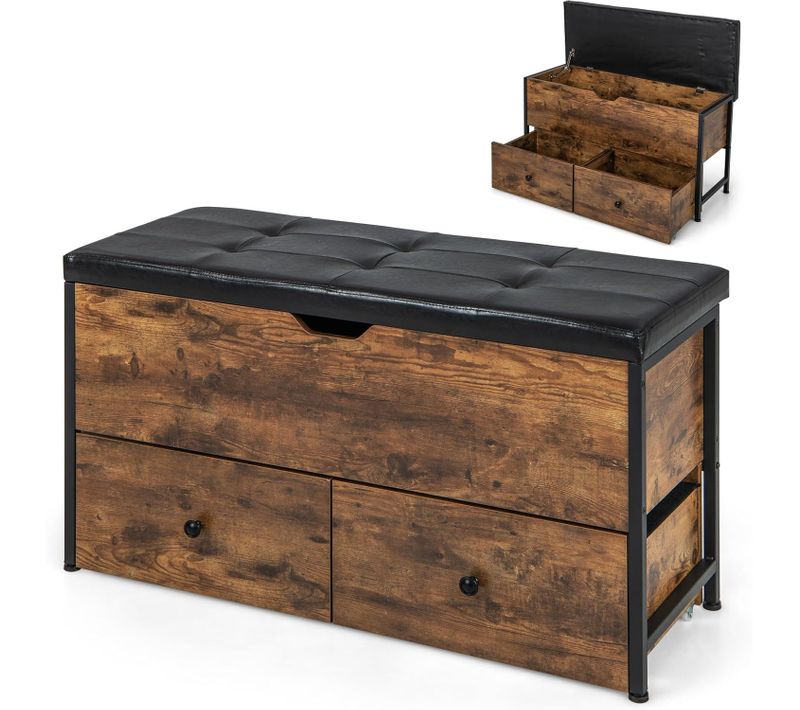 Banc De Rangement Ottoman Industriel, Banquette Pour Entrée, Chambre, Salon, Marron Rustique