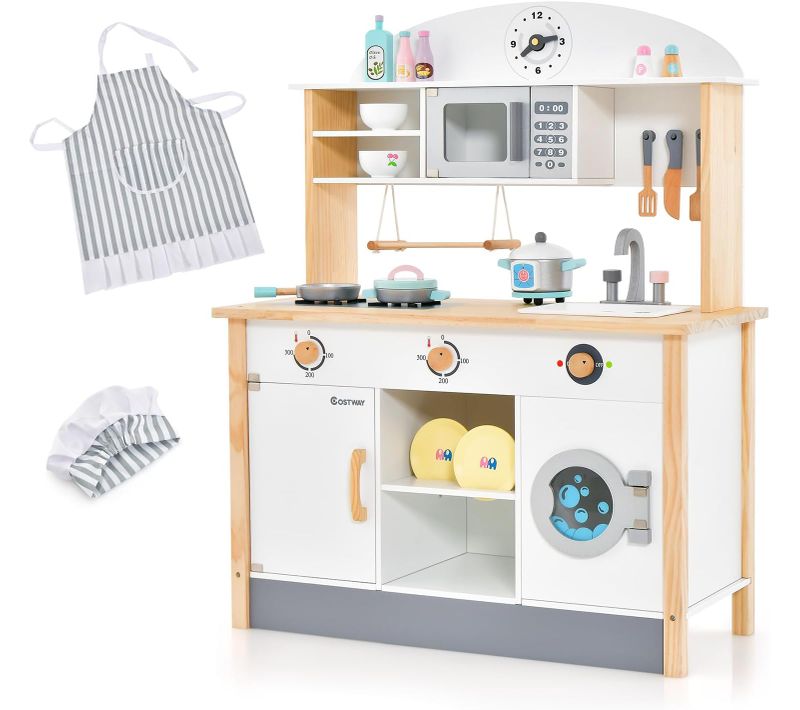 Cuisine Enfants En Bois Avec 17 Accessoires, Boutons Et Son Réaliste, Jouet D’imitation De 3 Ans+