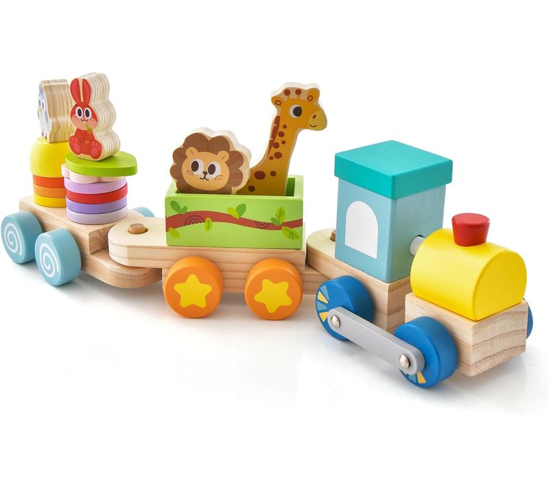 Jouet Train En Bois Bébé Avec 3 Wagons Et 14 Pièces De Blocs, Jouet Educatif , 36x10x14cm