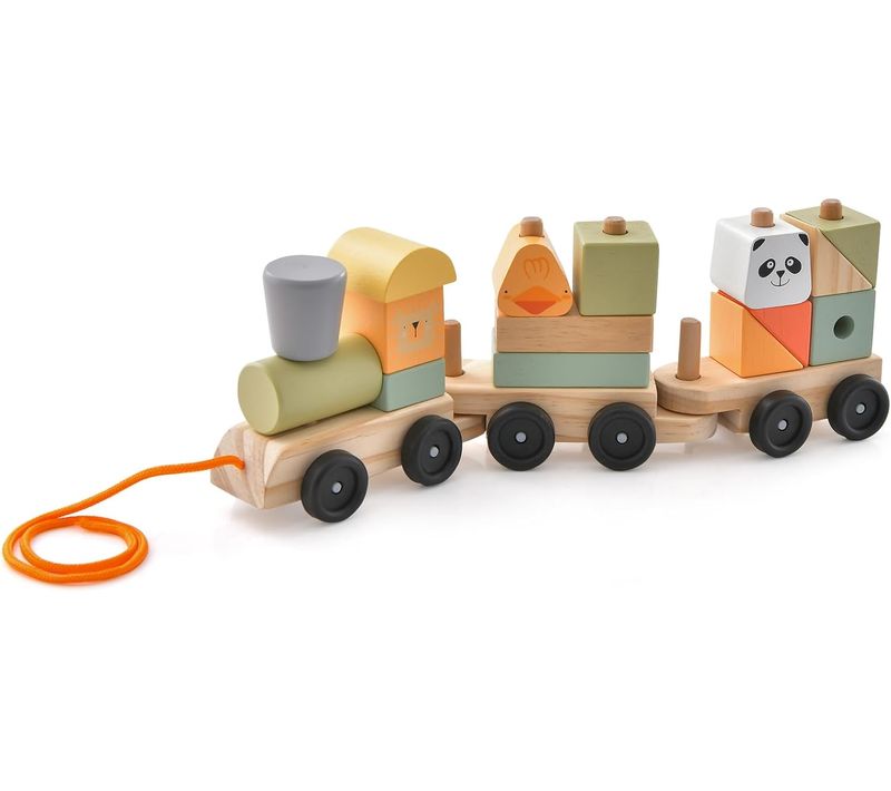 Jouet Train En Bois Bébé Avec 3 Wagons Et 15 Pièces De Blocs, Jouet Educatif, 38 X 7 X 12,5 Cm