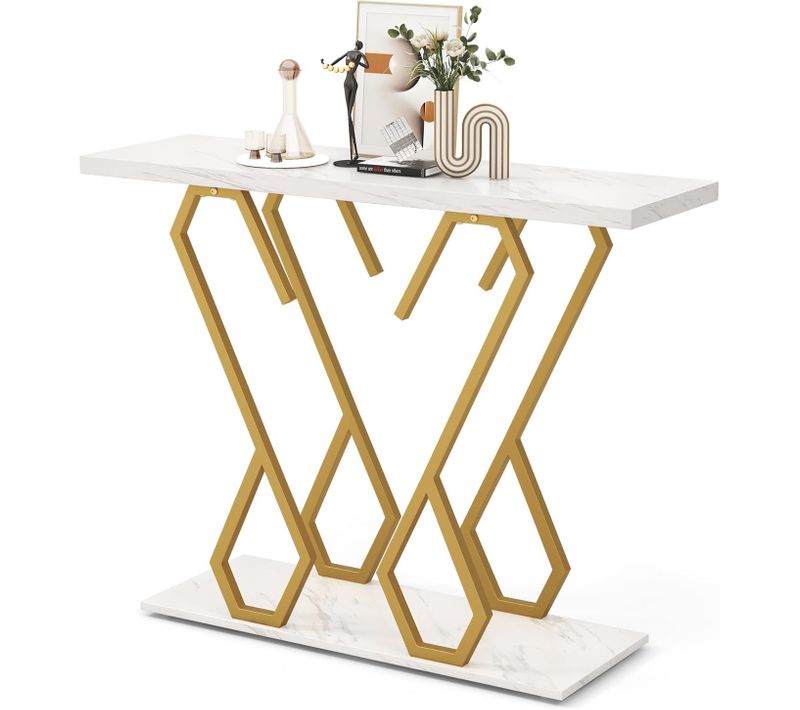 Table Console, Meuble D'entrée En Faux Marbre Avec Étagère, 100 X 30 X 80 Cm