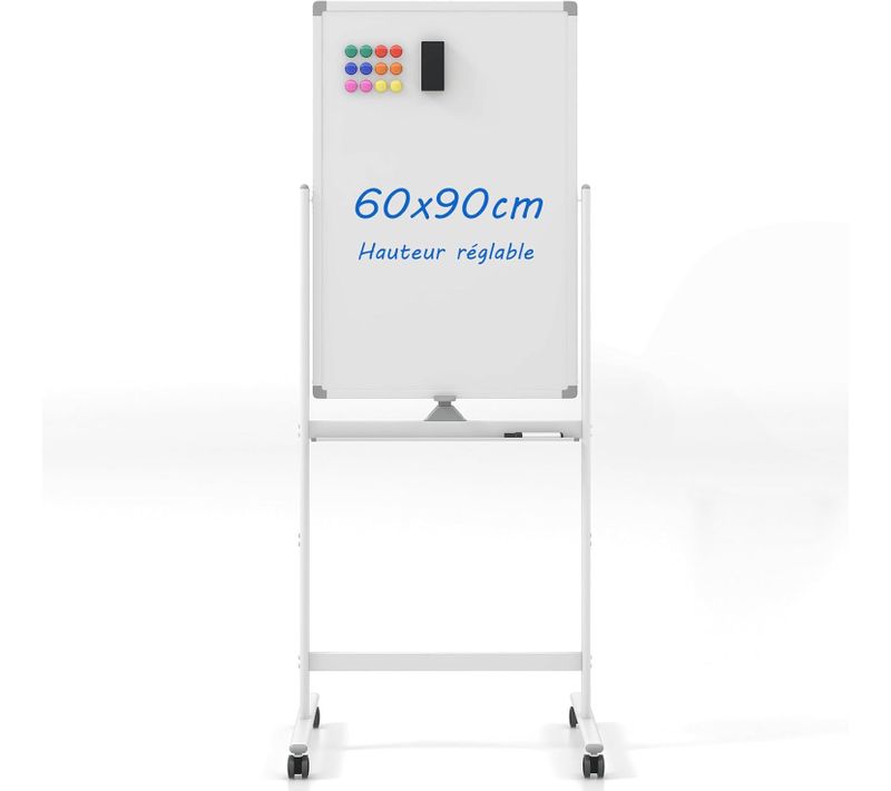 Tableau Blanc Mobile Magnétique Double Face, 60 X 90 Cm, 4 Roulettes, Pour École,bureau (blanc)
