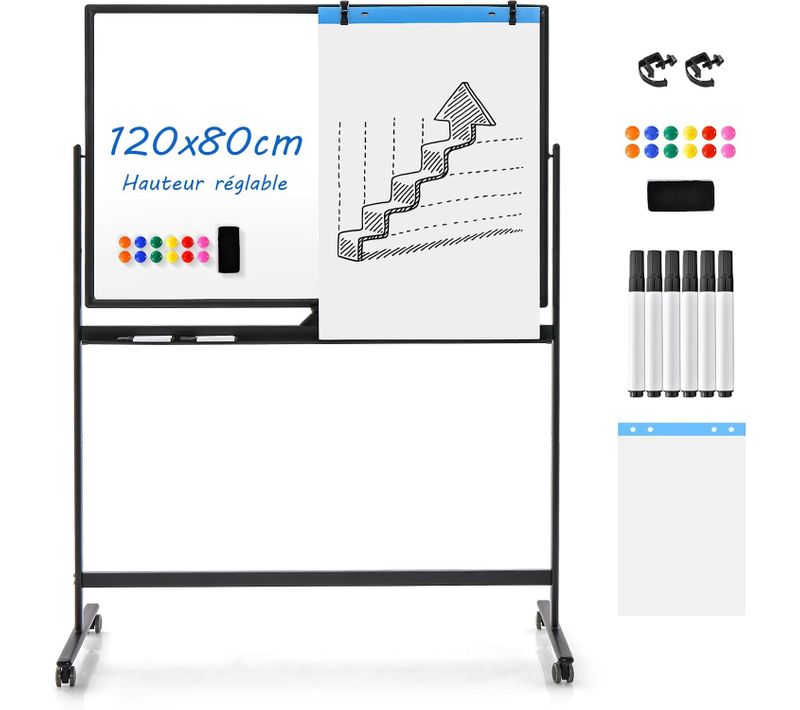 Tableau Blanc Mobile Magnétique Double Face, 120x80cm,12 Aimants, Pour École, Maison, Bureau