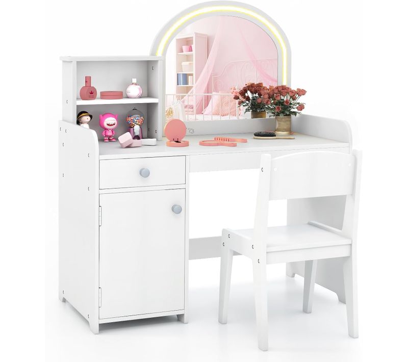 2 En 1 Coiffeuse Enfants,Table de Maquillage avec LED Miroir et Tabouret,2 Étagère+Tiroir,80x41x94Cm