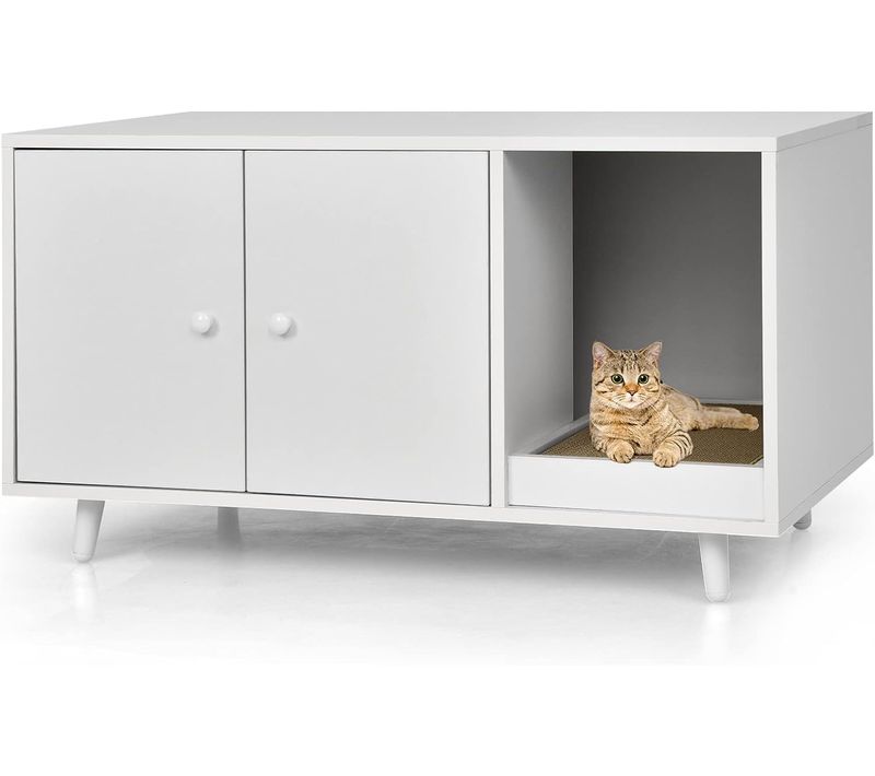 Maison De Toilettes Pour Chat à Double Portes,meuble TV Pour Litière Cachée De Chat(blanc)