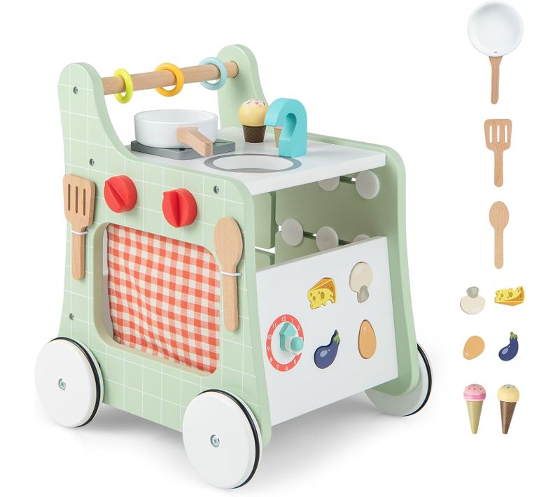 6 En 1 Chariot De Marche En Bois Avec Thème De Cuisine Et 9 Accessoires,trotteur Bébé De 12 Mois+