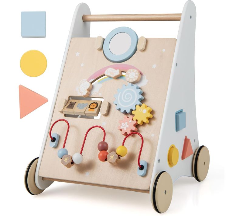 7 En 1 Chariot De Marche En Bois Avec Panneau De Jeu Et Boîte De Rangement Arrière,de 12 Mois+