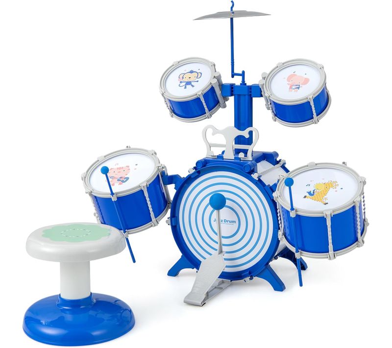 Kit De Batterie Enfants Avec Tabouret Et 5 Tambours, Jouet Educatif Précoce Pour Enfants 3 Ans+