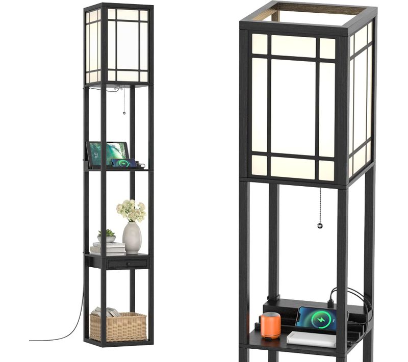 Lampadaire Etagère Salon 1,6m Avec 2 Ports USB 1 Tiroir Et 3 Etagères, Lampe Sur Pied