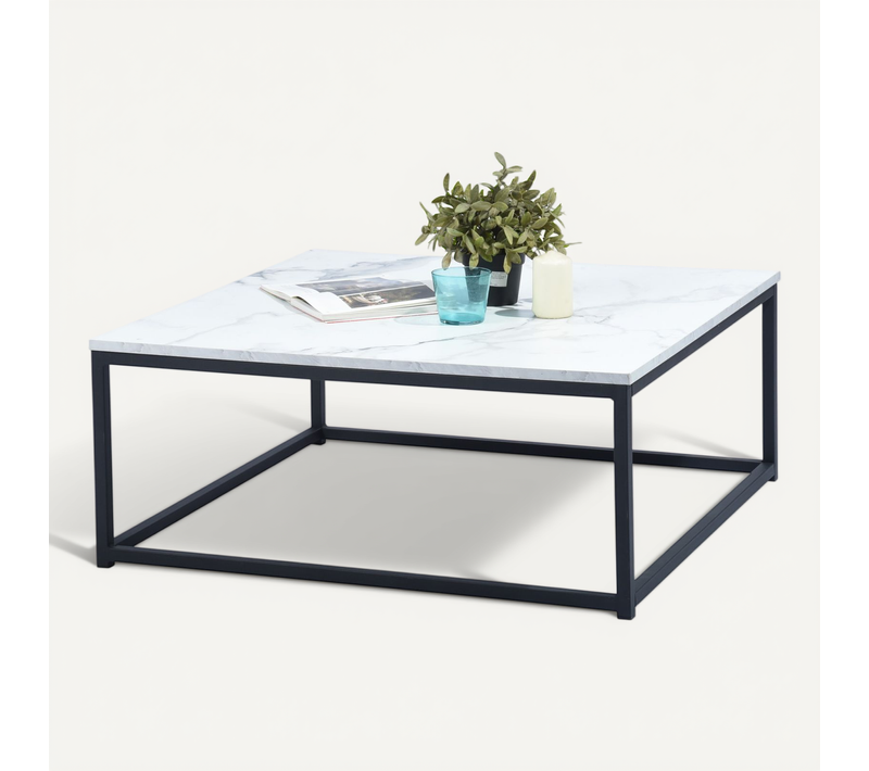 Table Basse De Salon Carré Effet Marbré Structure En Métal 80x80x34cm, Blanc et Noir