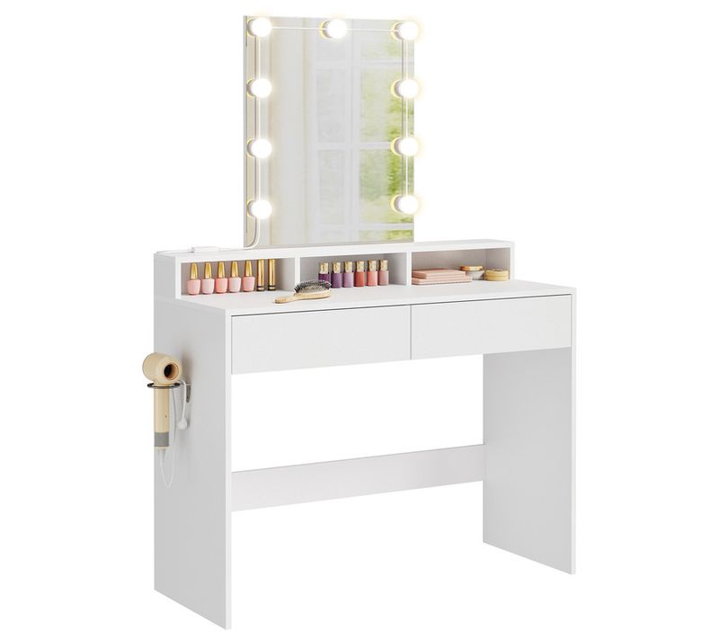 Coiffeuse Avec Miroir, 10 Ampoules LED Réglable, 3 Couleurs, 6 Compartiments Et 2 Tiroirs - Blanc